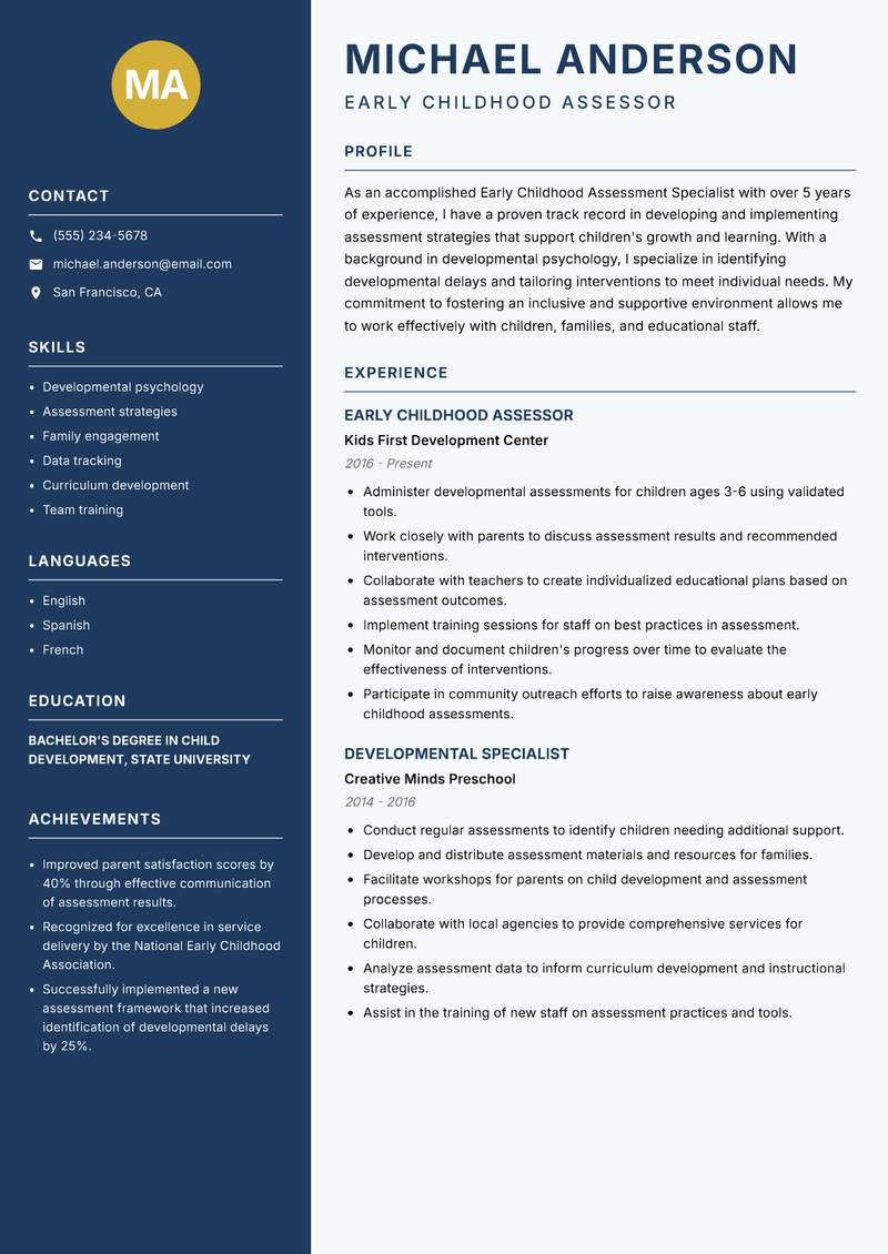 Early Childhood Assessment Specialist Resume Preview Example