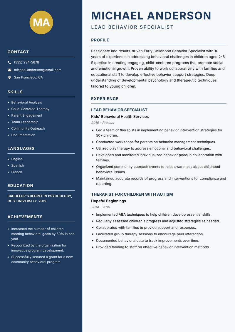 Early Childhood Behavior Specialist Resume Preview Example