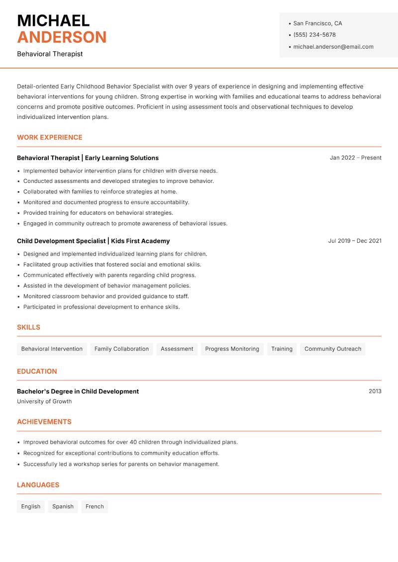 Early Childhood Behavior Specialist Resume Template