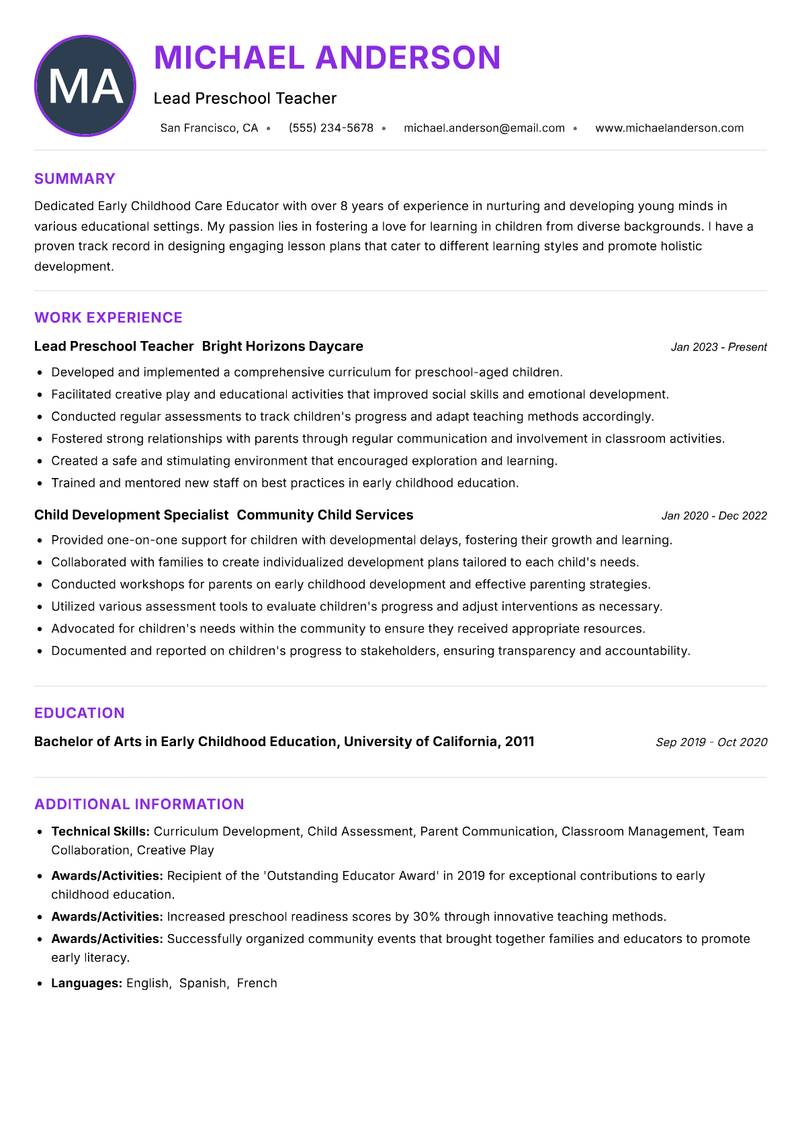 Early Childhood Care Educator Resume Preview Example