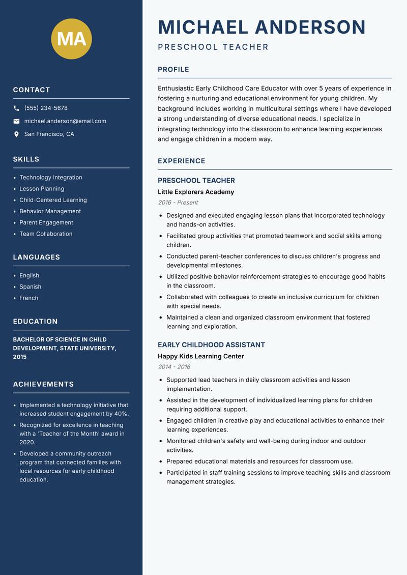 Early Childhood Care Educator Resume Preview Example