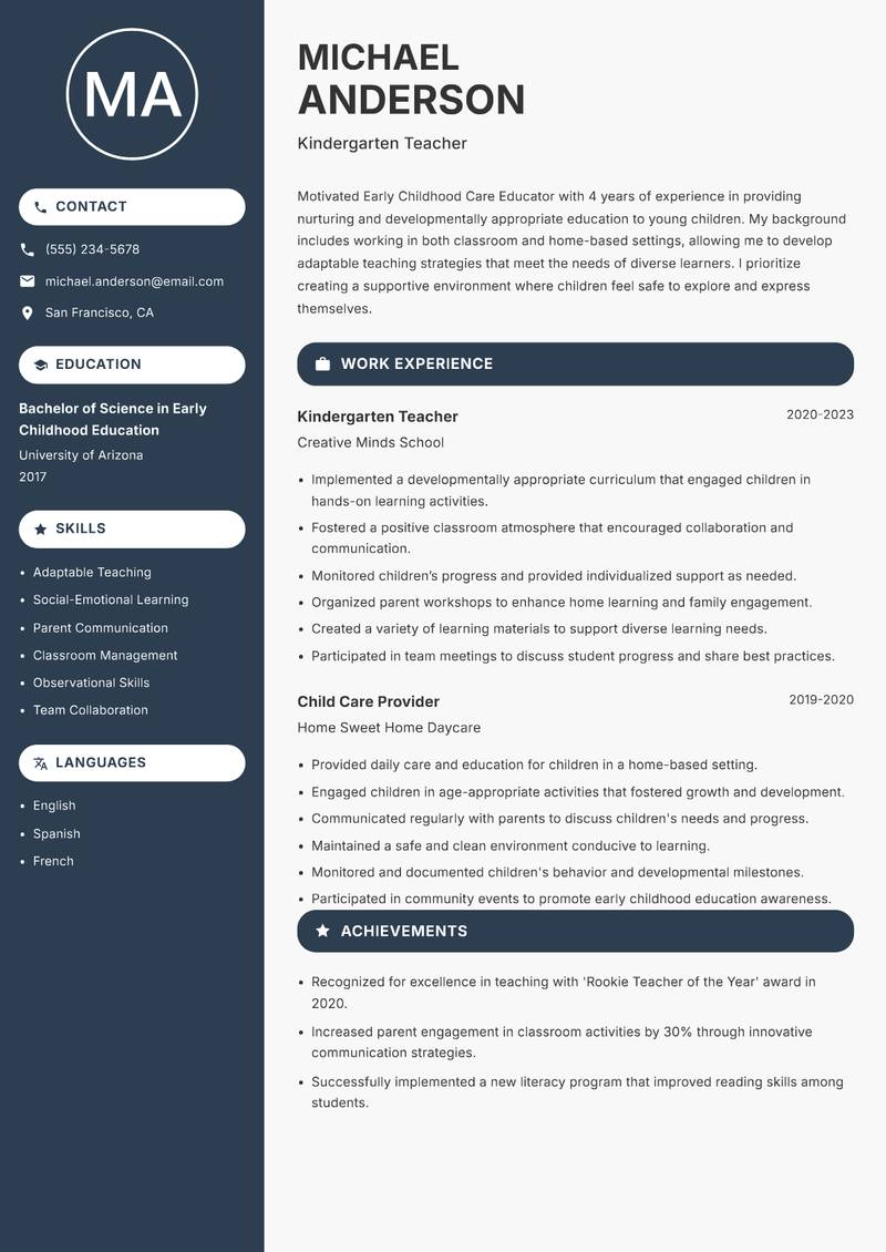 Early Childhood Care Educator Resume Preview Example