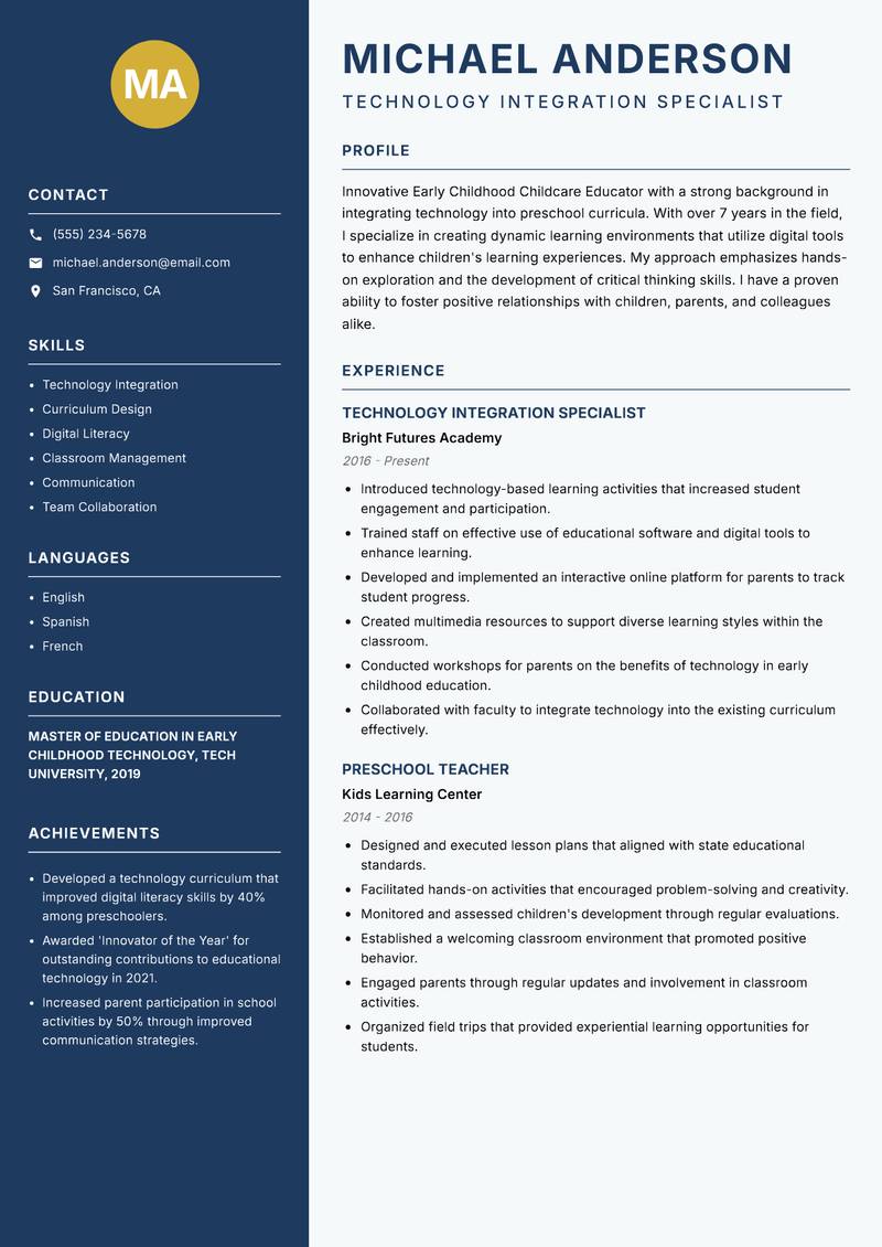 Early Childhood Childcare Educator Resume Preview Example