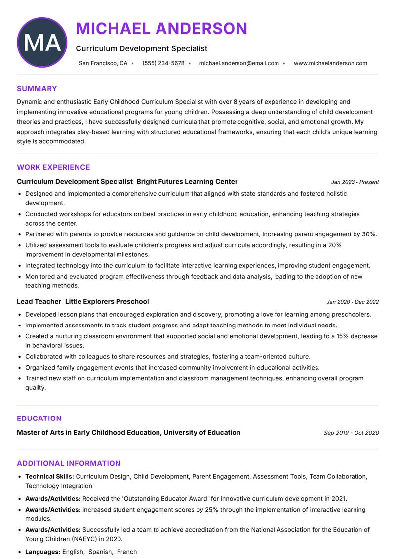 Early Childhood Curriculum Specialist Resume Preview Example
