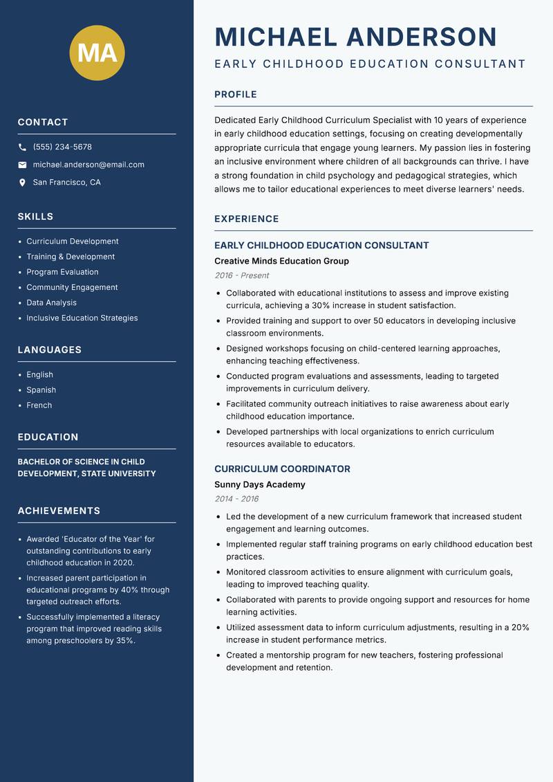 Early Childhood Curriculum Specialist Resume Preview Example