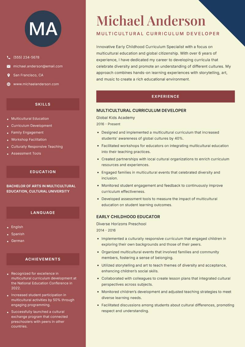 Early Childhood Curriculum Specialist Resume Preview Example