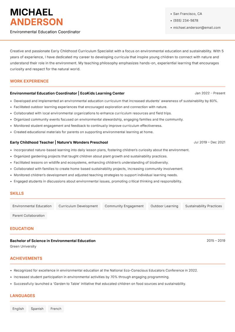 Early Childhood Curriculum Specialist Resume Template