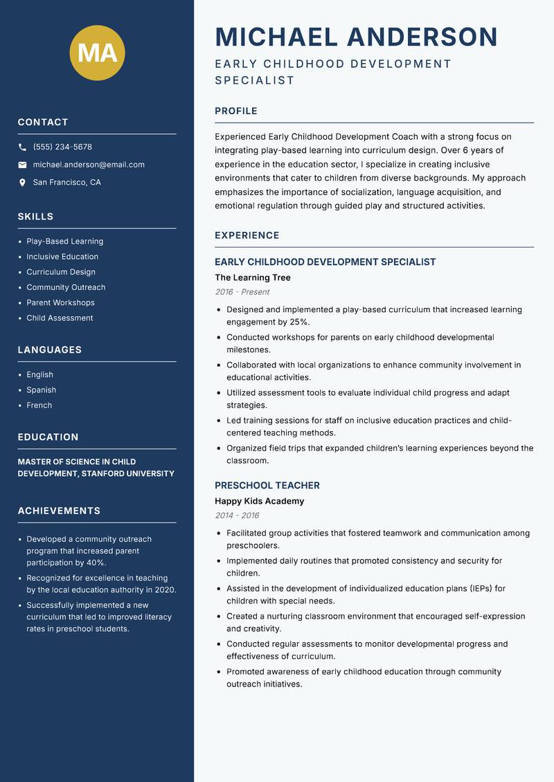 Early Childhood Development Coach Resume Preview Example