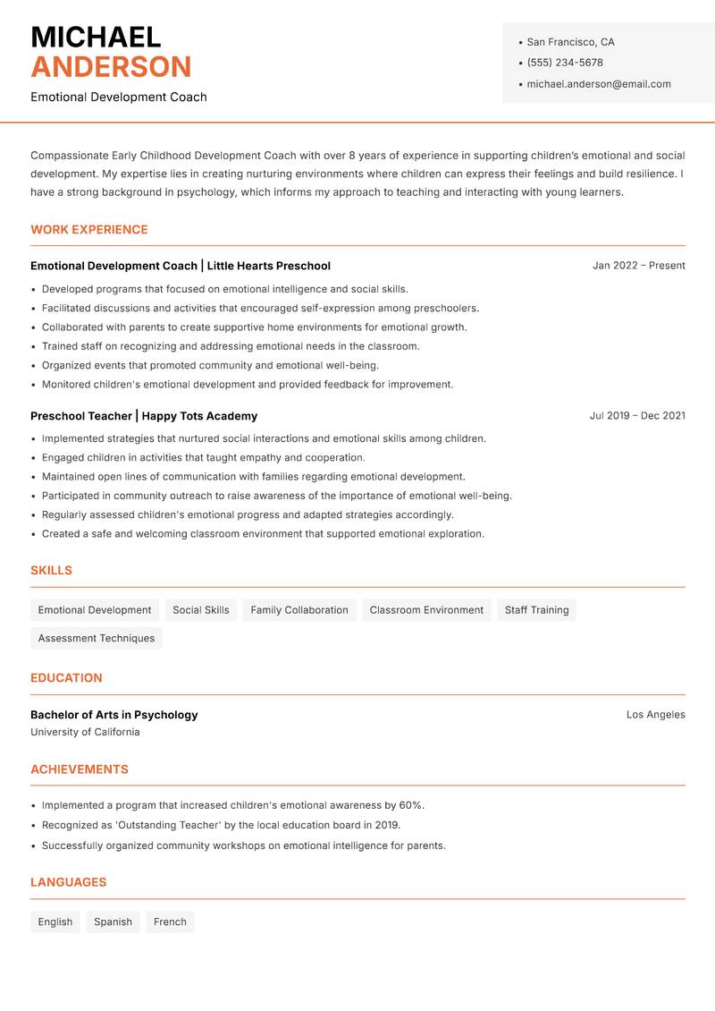 Early Childhood Development Coach Resume Template