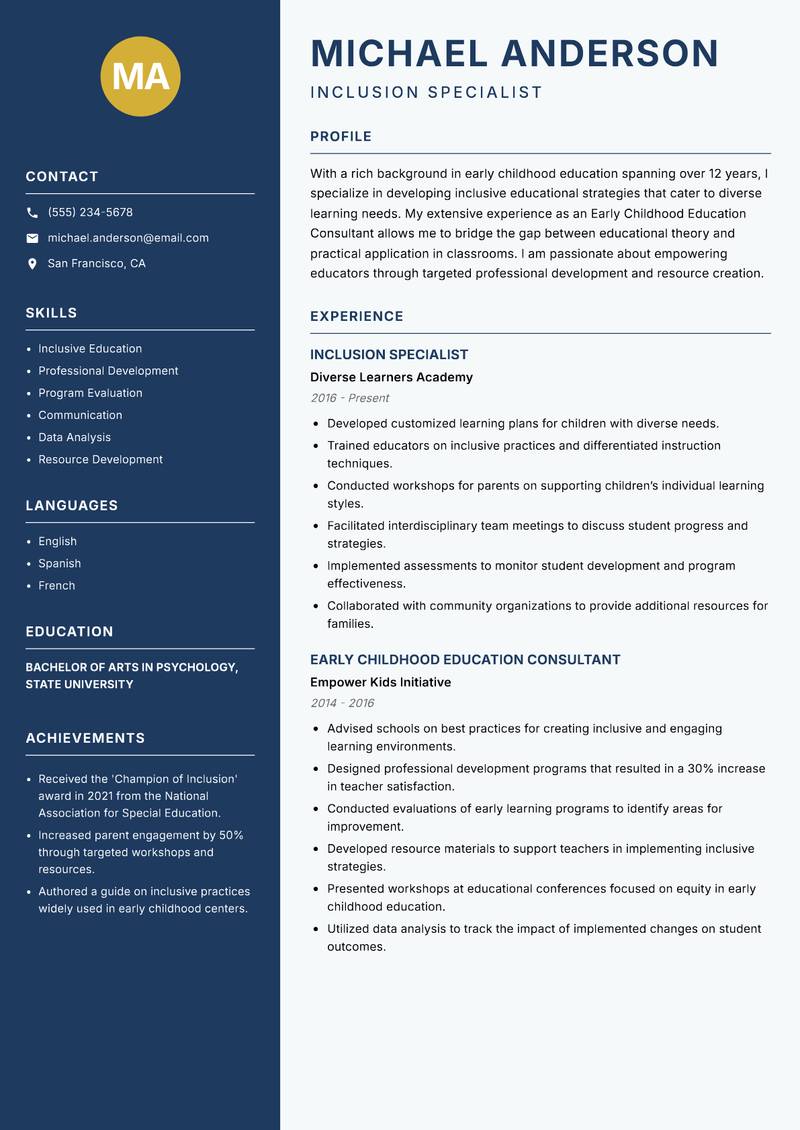 Early Childhood Education Consultant Resume Preview Example