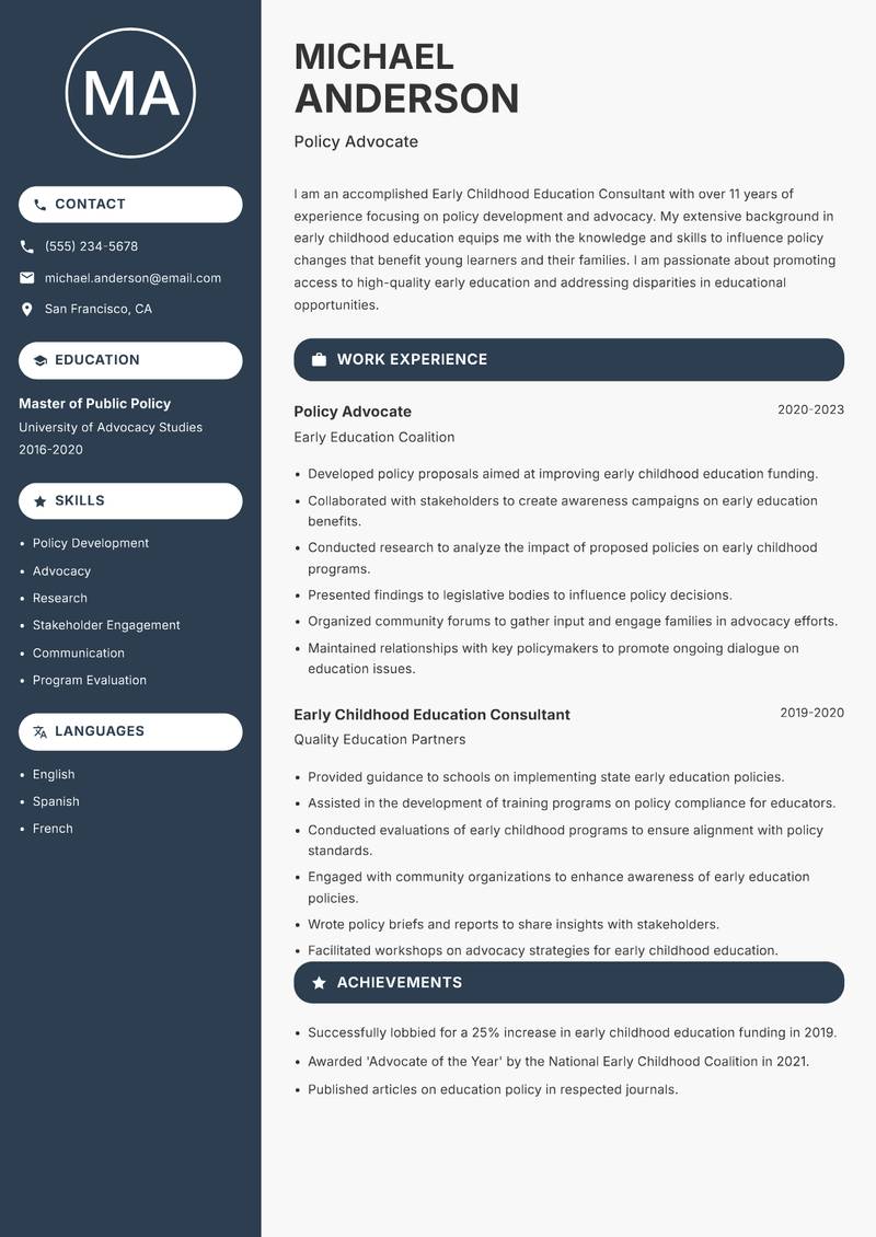 Early Childhood Education Consultant Resume Preview Example