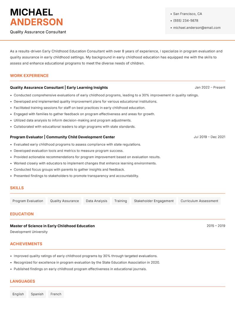Early Childhood Education Consultant Resume Template