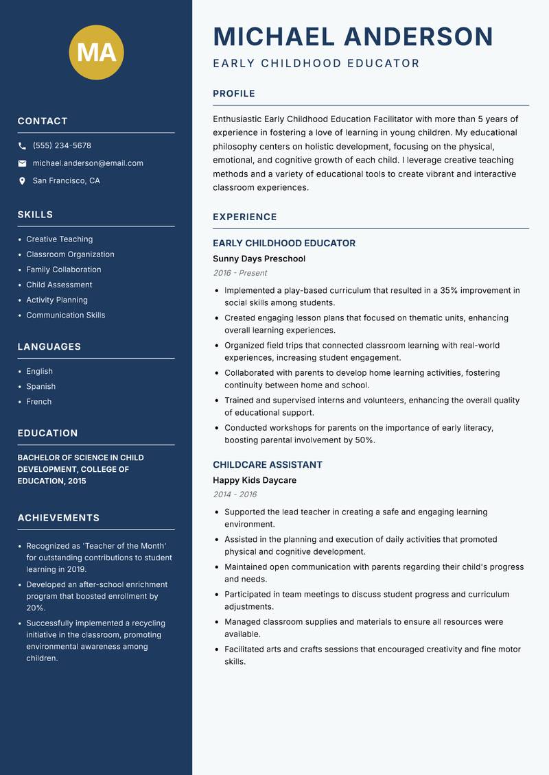 Early Childhood Education Facilitator Resume Preview Example