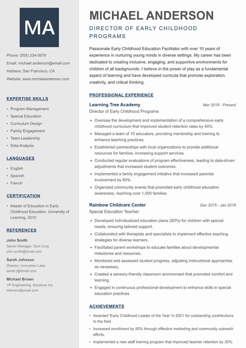 Early Childhood Education Facilitator Resume Preview Example