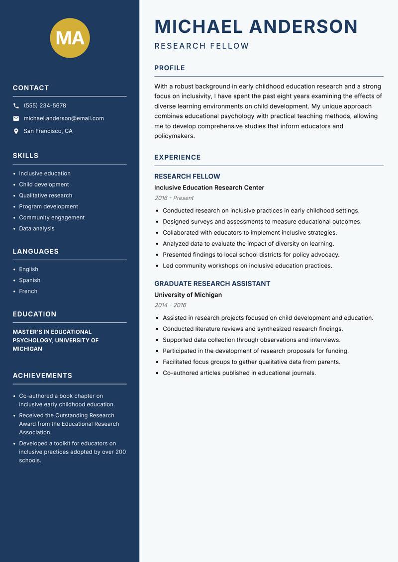 Early Childhood Education Researcher Resume Preview Example