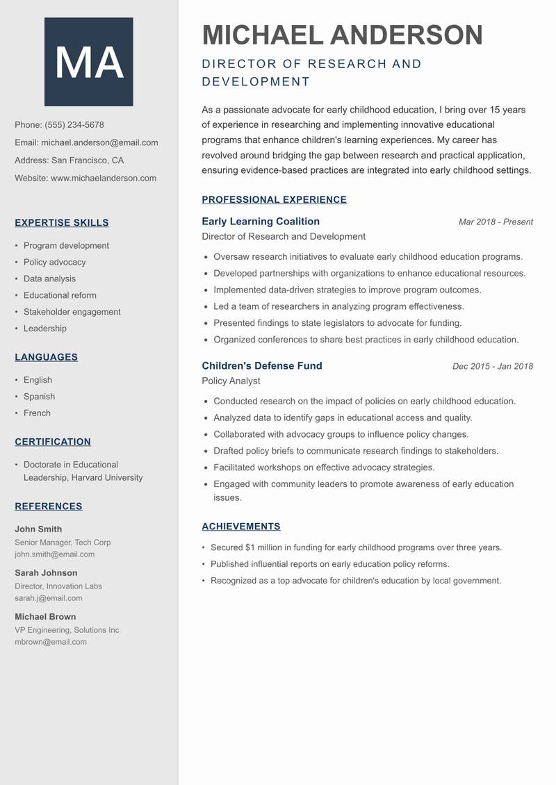 Early Childhood Education Researcher Resume Preview Example