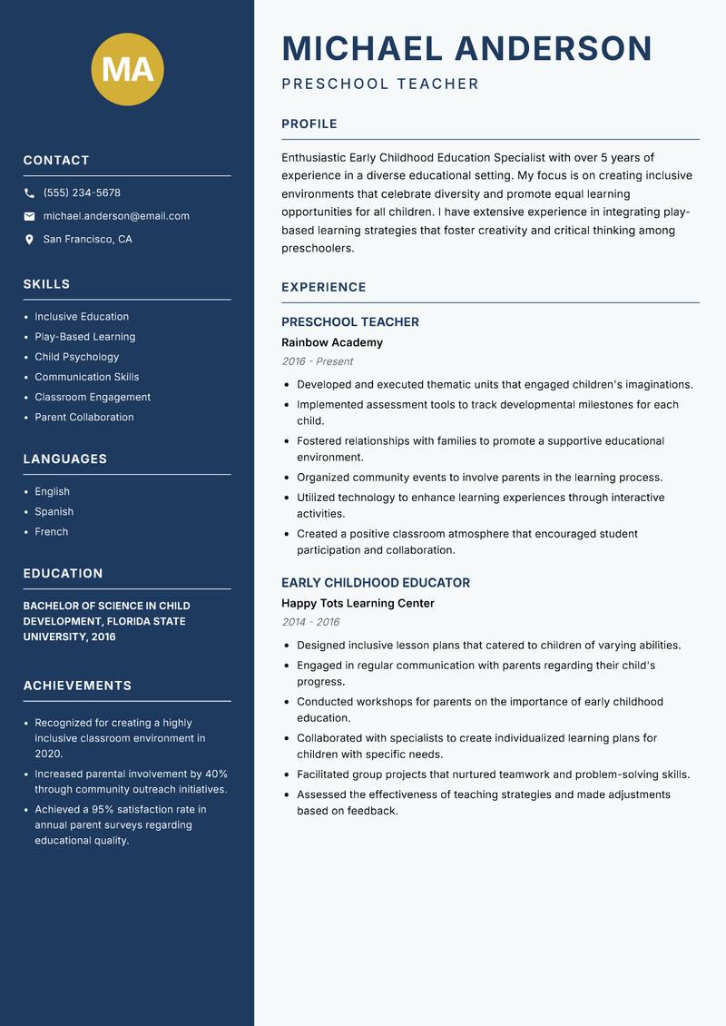 Early Childhood Education Specialist Resume Preview Example