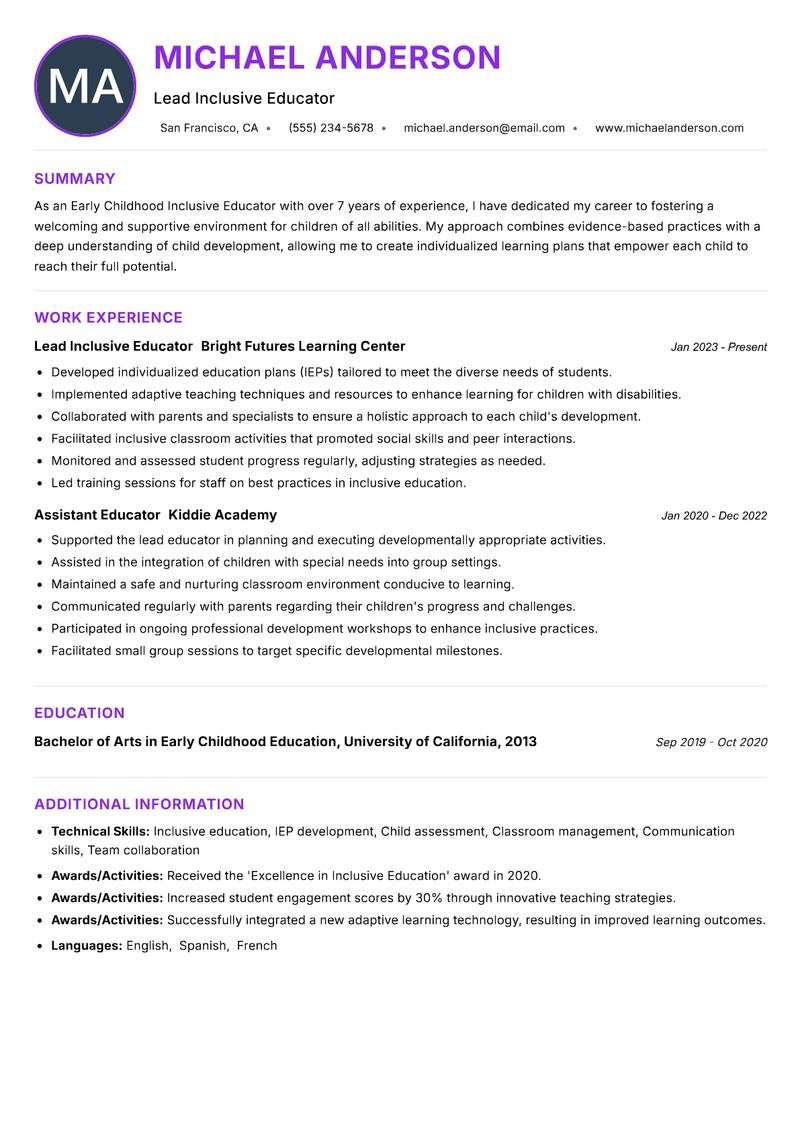 Early Childhood Inclusive Educator Resume Preview Example