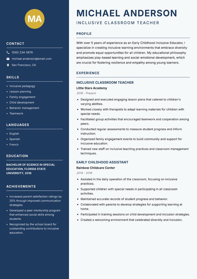 Early Childhood Inclusive Educator Resume Preview Example