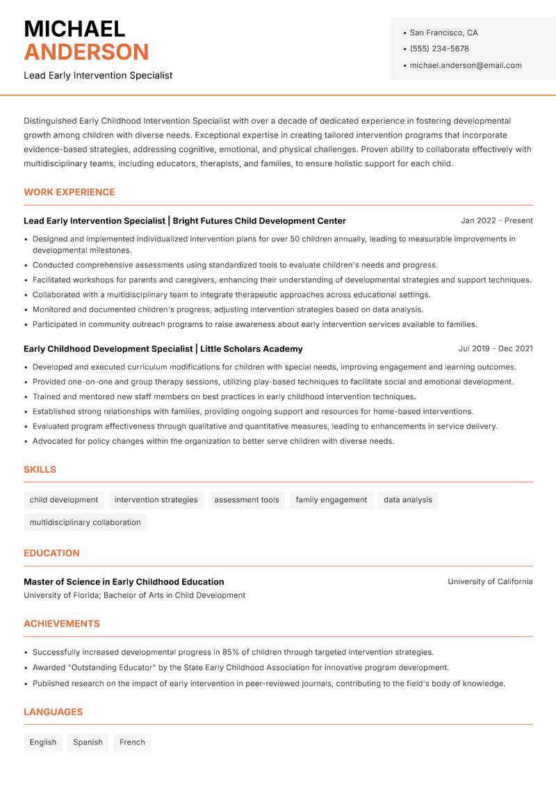 Early Childhood Intervention Specialist Resume Template