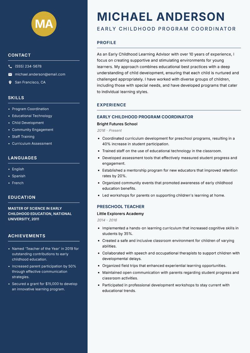 Early Childhood Learning Advisor Resume Preview Example