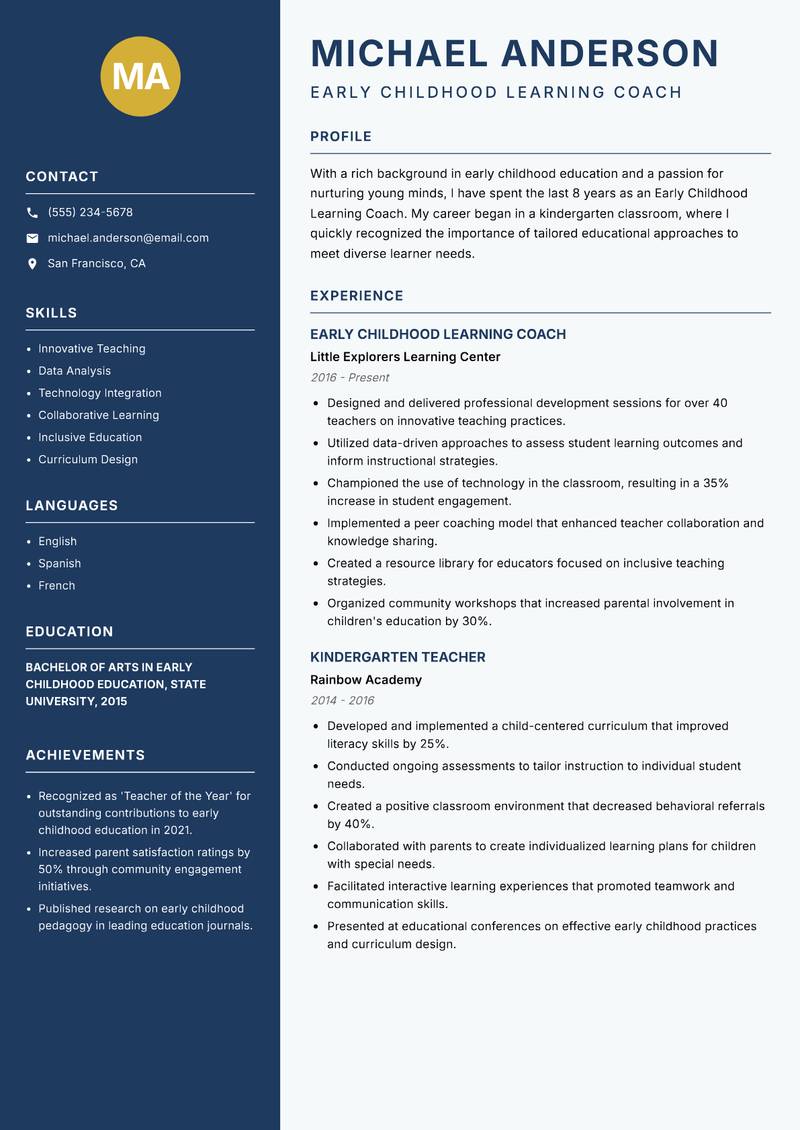 Early Childhood Learning Coach Resume Preview Example