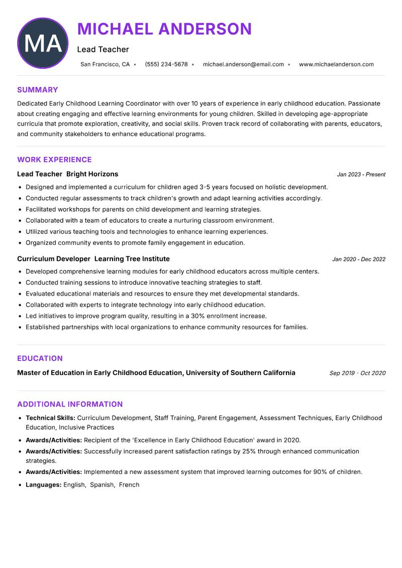 Early Childhood Learning Coordinator Resume Preview Example