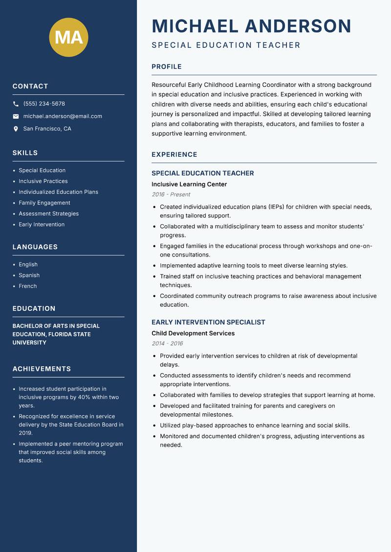 Early Childhood Learning Coordinator Resume Preview Example
