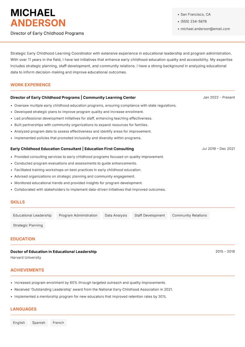 Early Childhood Learning Coordinator Resume Template