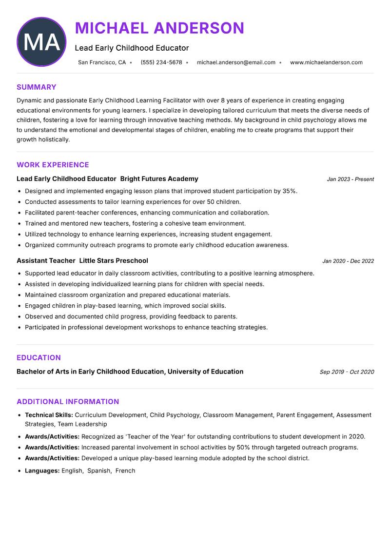 Early Childhood Learning Facilitator Resume Preview Example