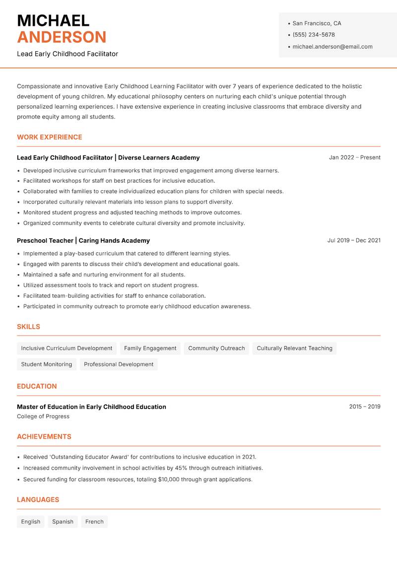 Early Childhood Learning Facilitator Resume Template