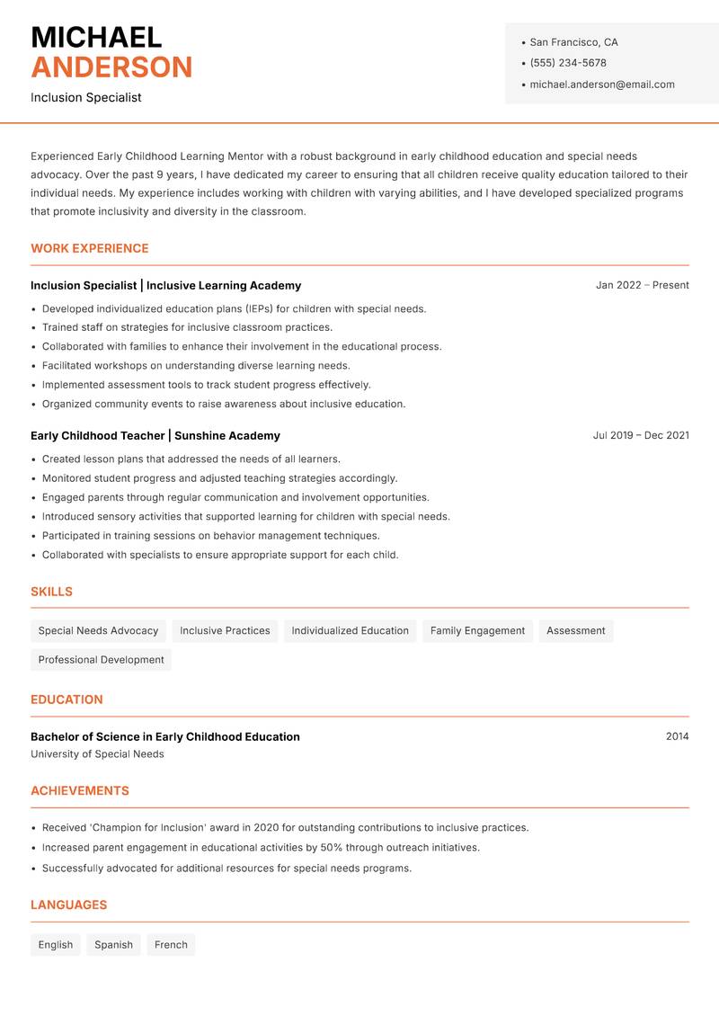 Early Childhood Learning Mentor Resume Template