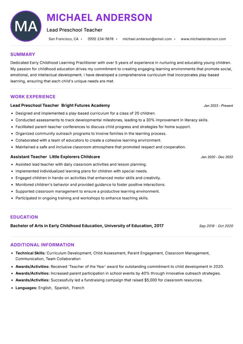Early Childhood Learning Practitioner Resume Preview Example