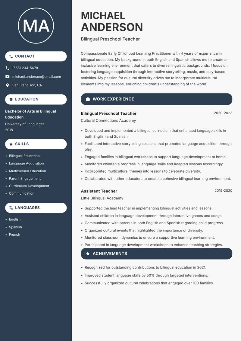 Early Childhood Learning Practitioner Resume Preview Example