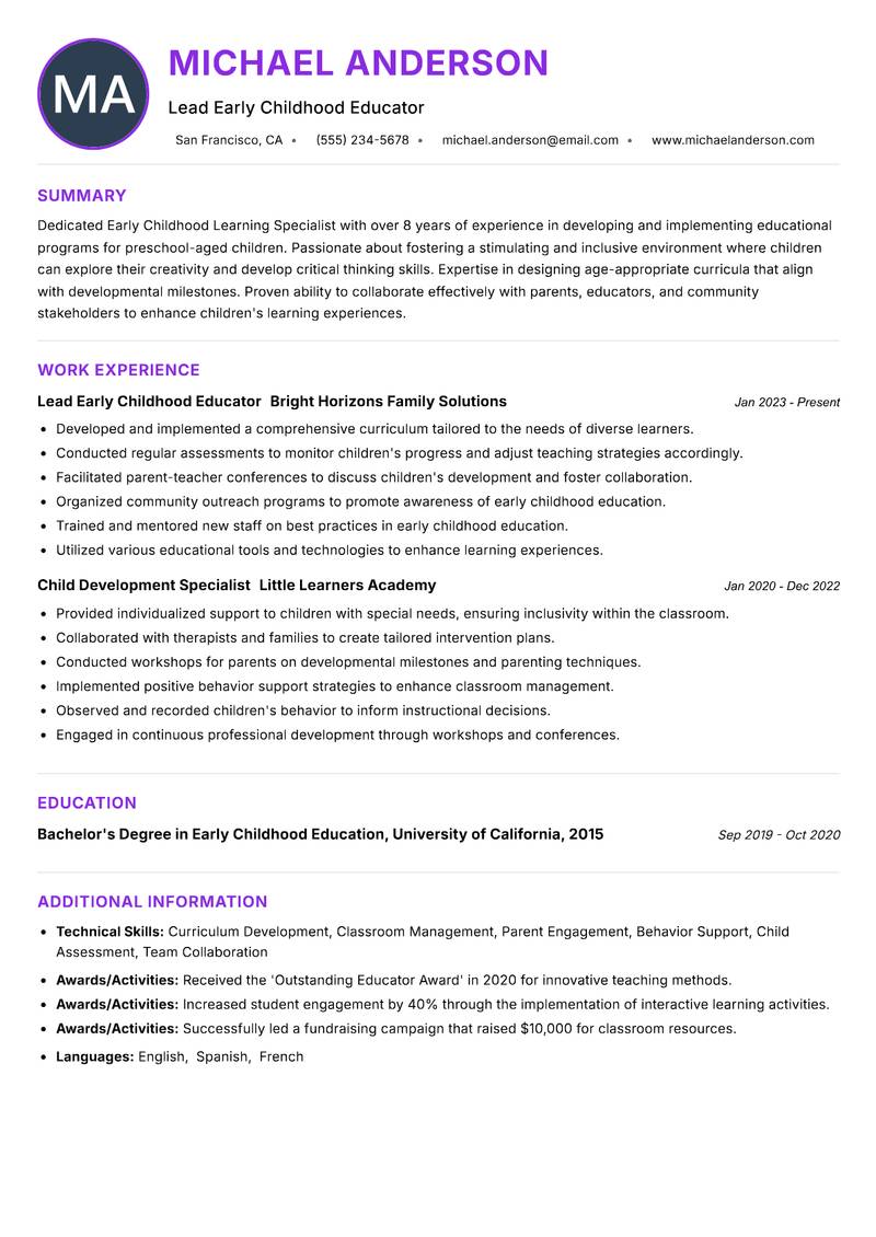 Early Childhood Learning Specialist Resume Preview Example