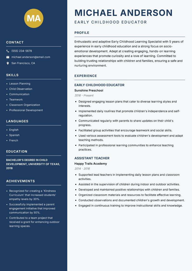 Early Childhood Learning Specialist Resume Preview Example
