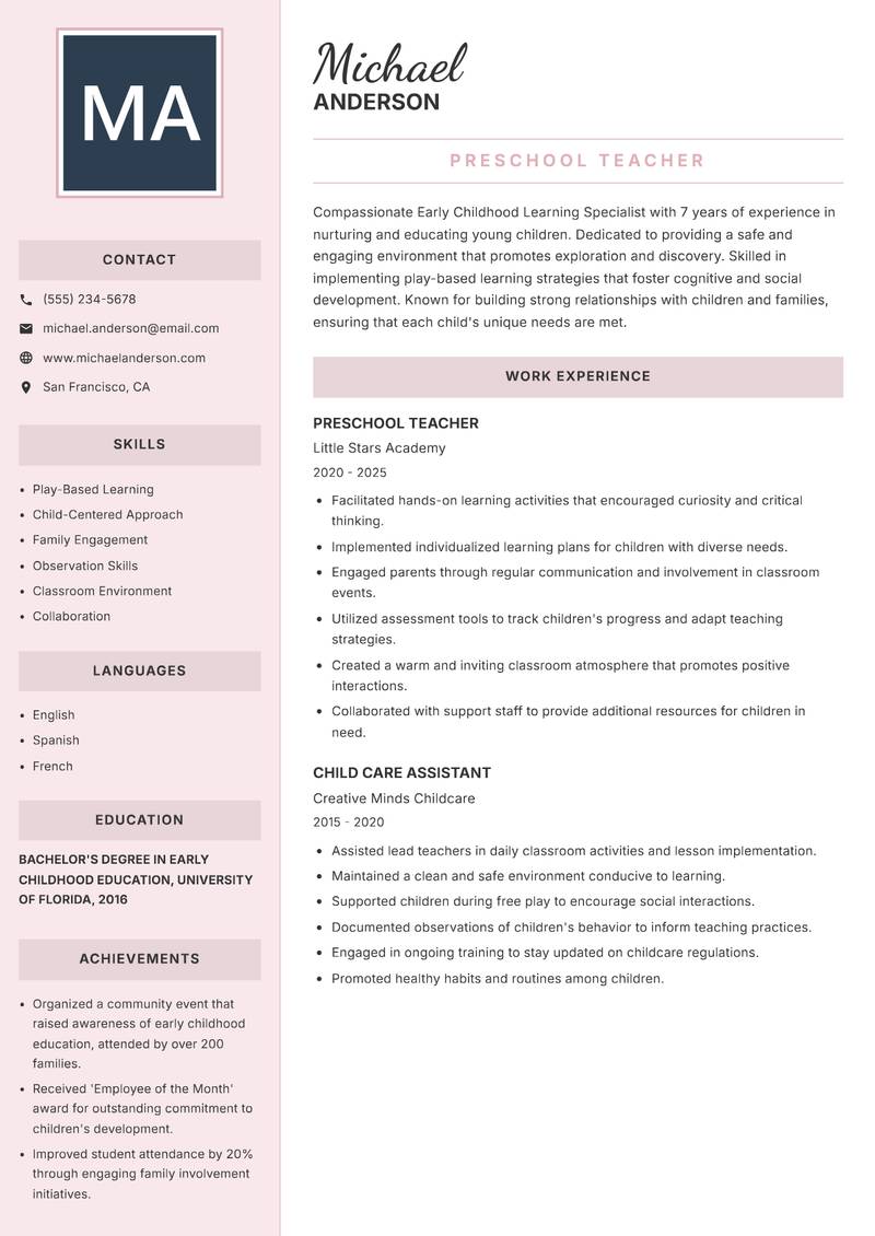 Early Childhood Learning Specialist Resume Preview Example