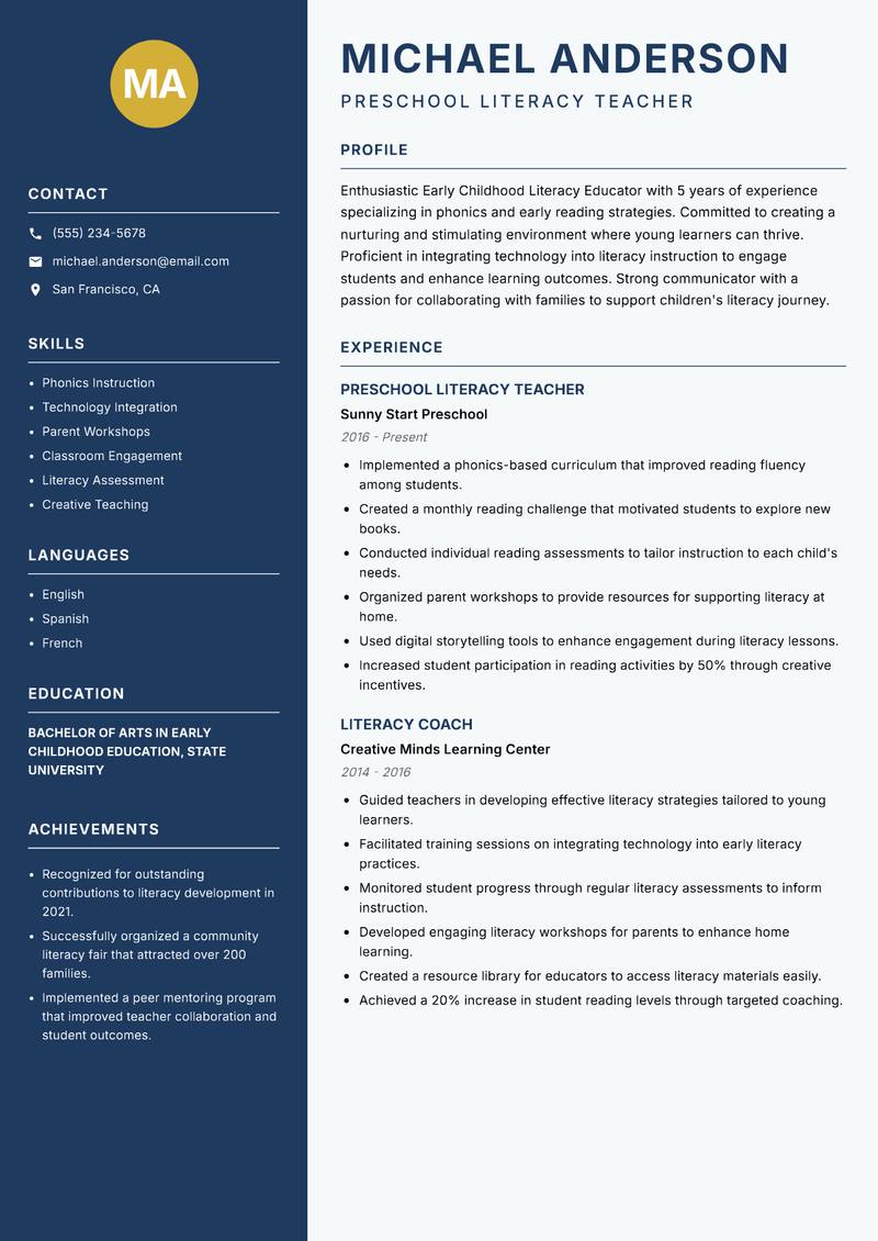 Early Childhood Literacy Educator Resume Preview Example