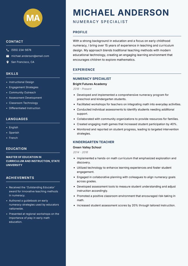 Early Childhood Numeracy Educator Resume Preview Example