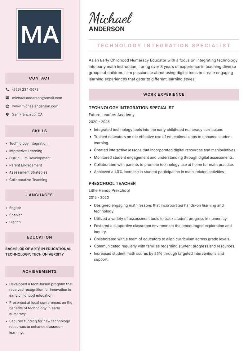 Early Childhood Numeracy Educator Resume Preview Example