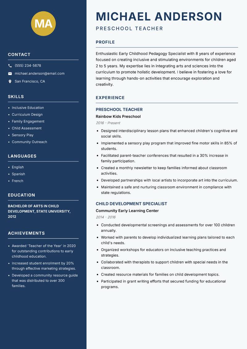 Early Childhood Pedagogy Specialist Resume Preview Example