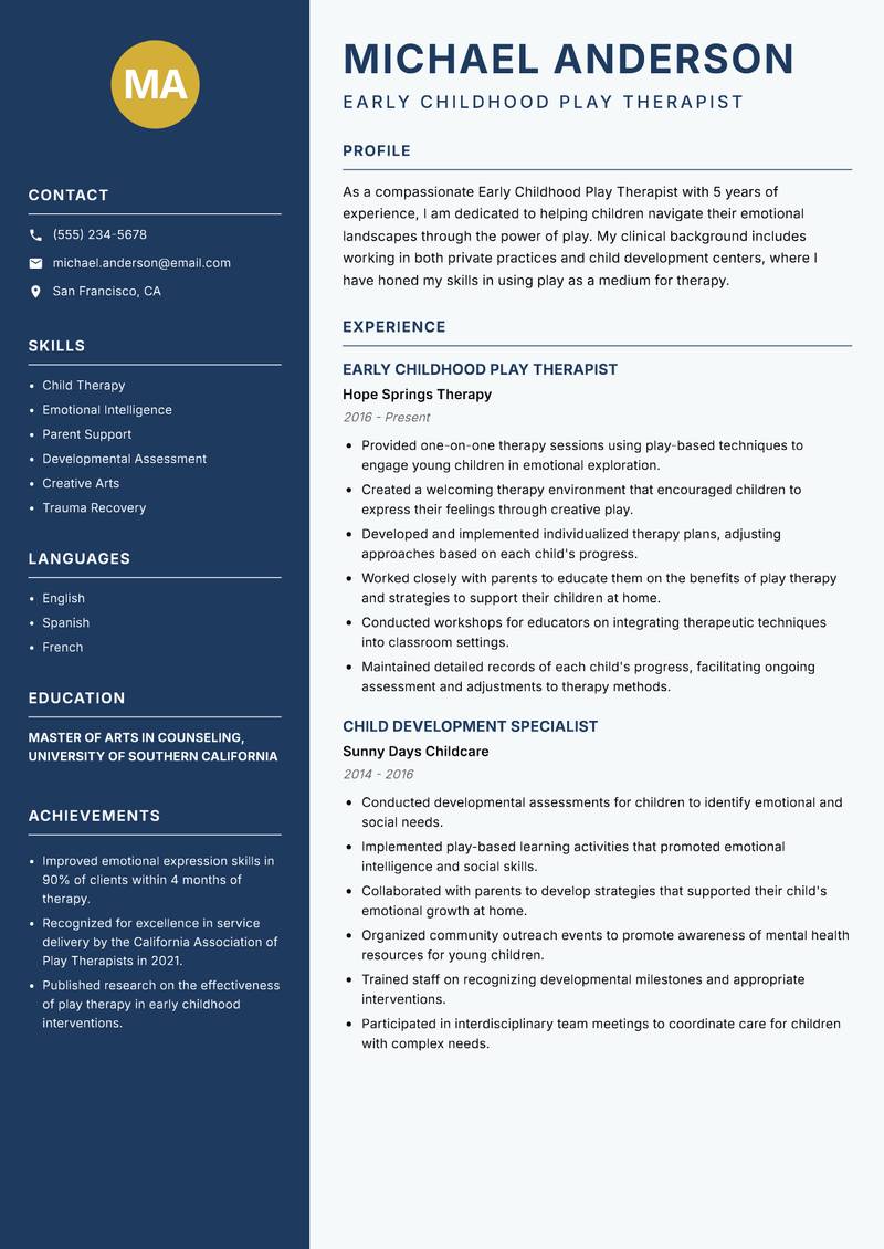Early Childhood Play Therapist Resume Preview Example