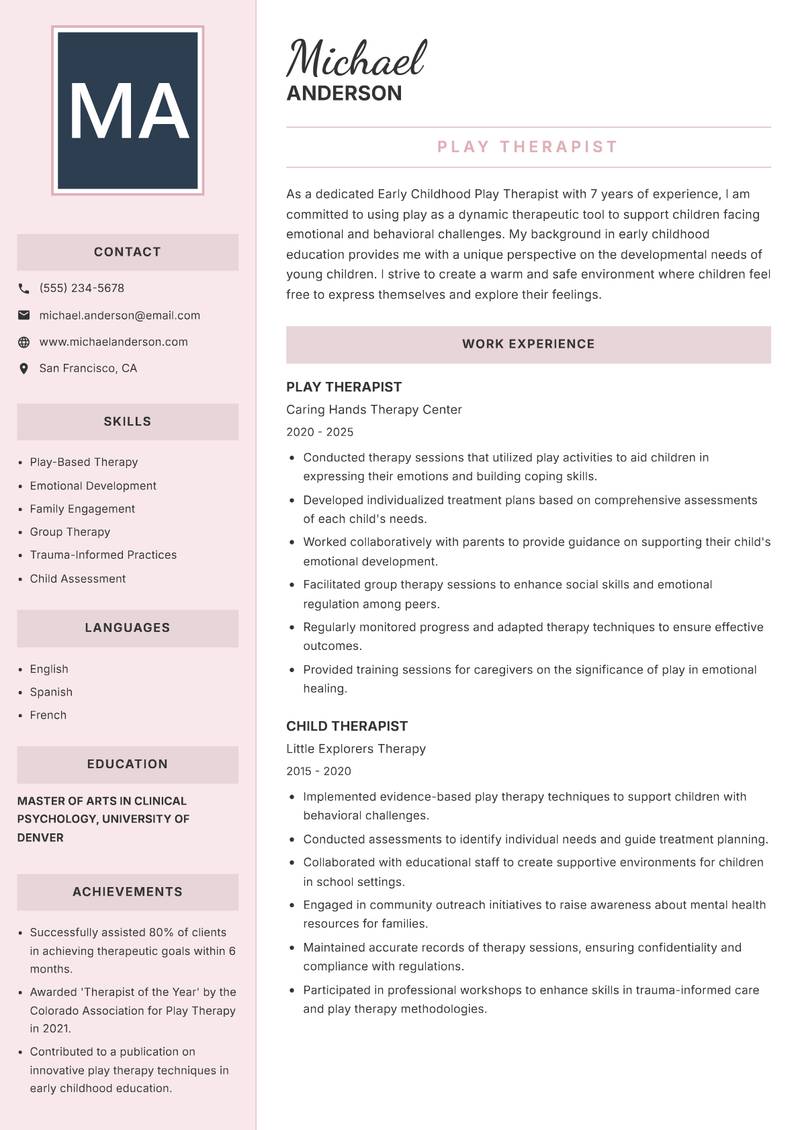 Early Childhood Play Therapist Resume Preview Example