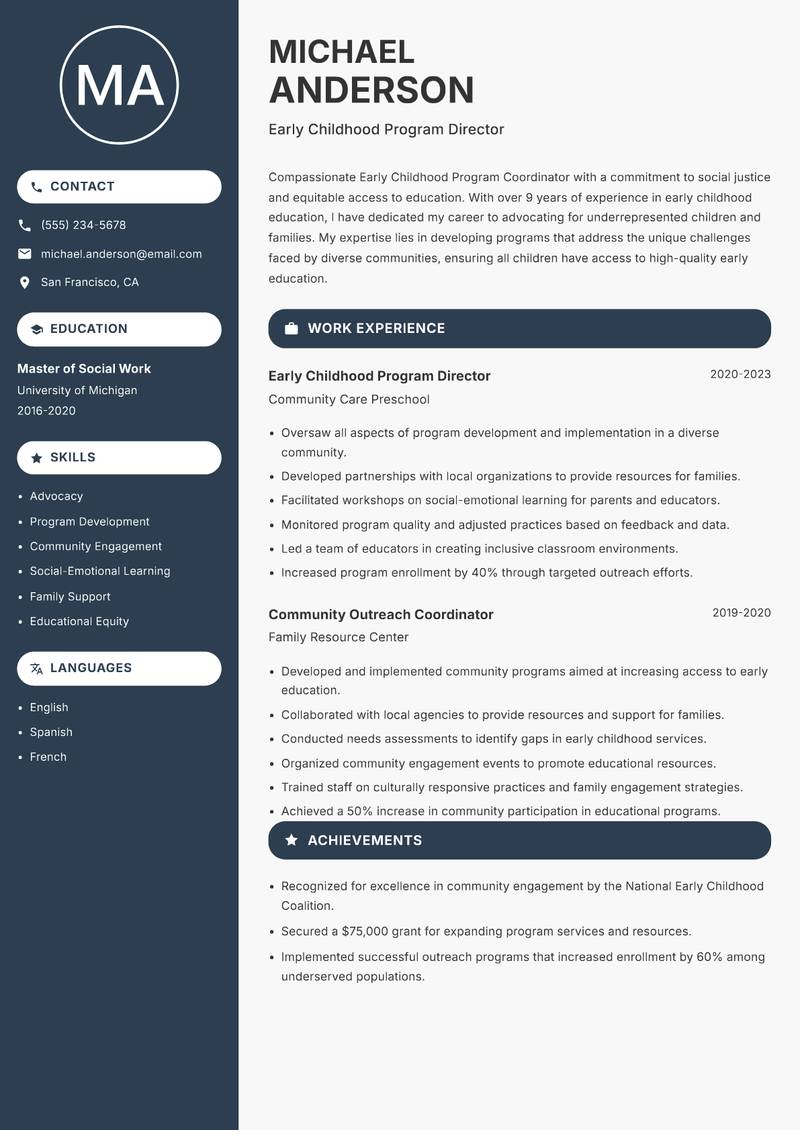 Early Childhood Program Coordinator Resume Preview Example