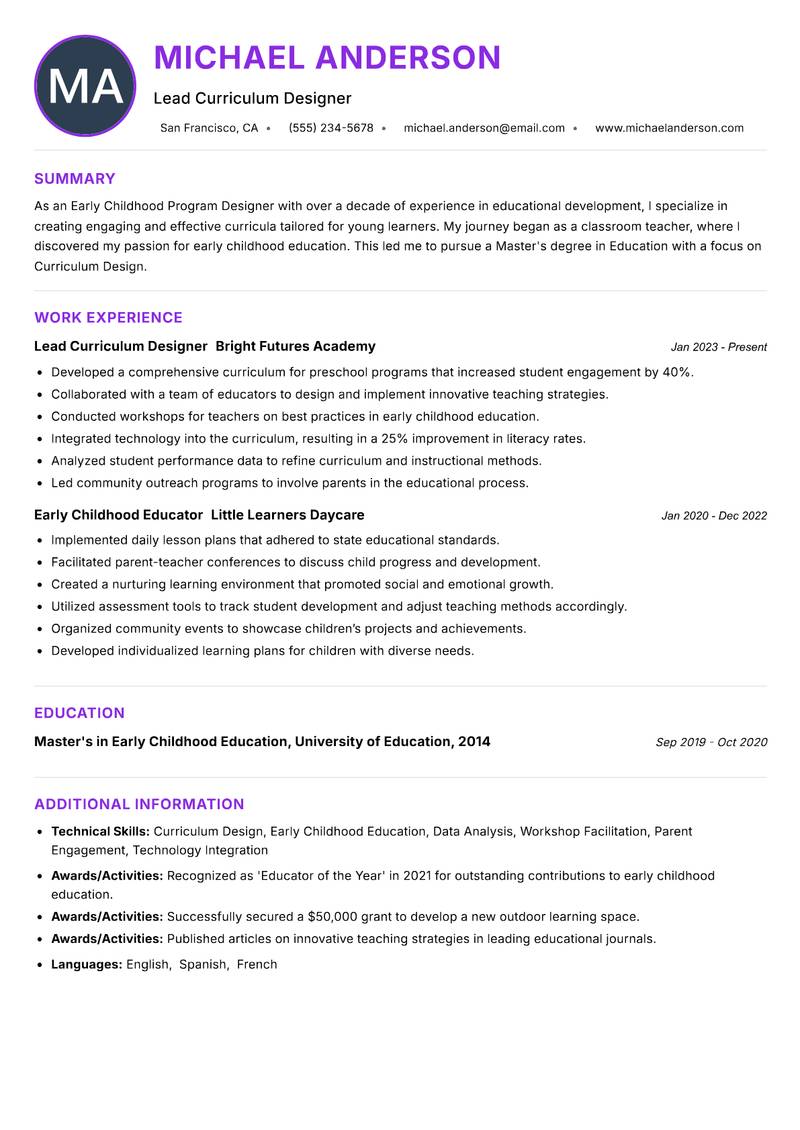 Early Childhood Program Designer Resume Preview Example