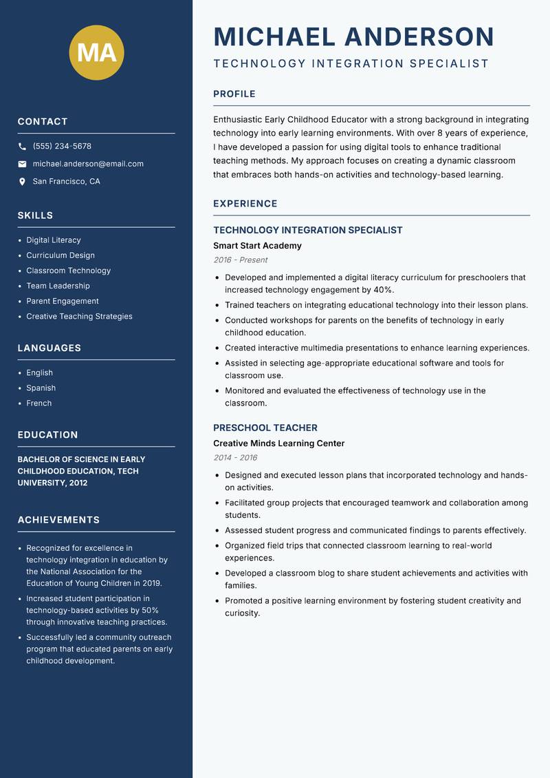 Early Childhood School Educator Resume Preview Example