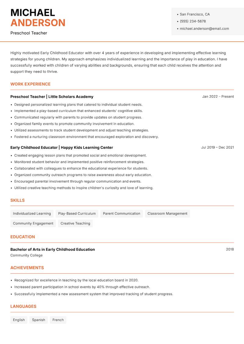 Early Childhood School Educator Resume Template