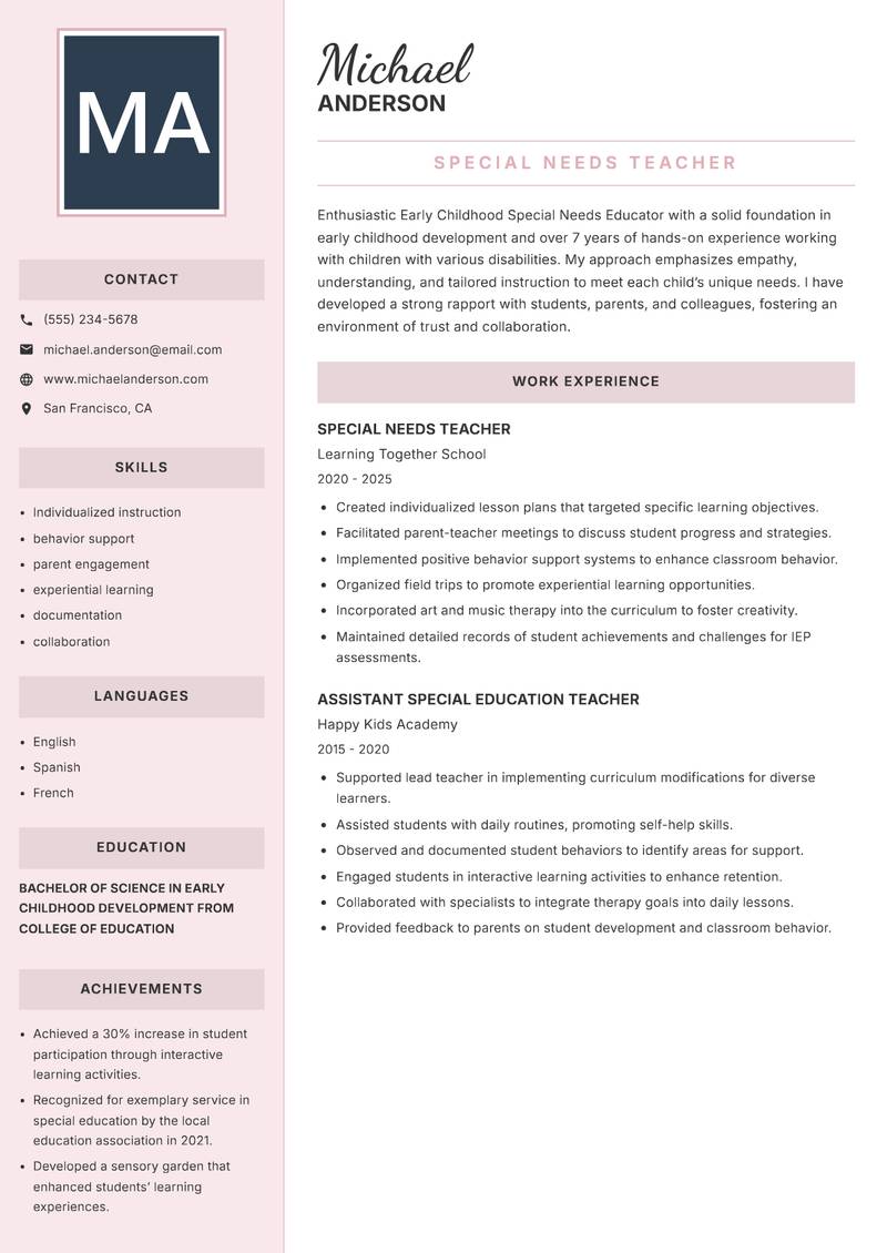 Early Childhood Special Needs Educator Resume Preview Example