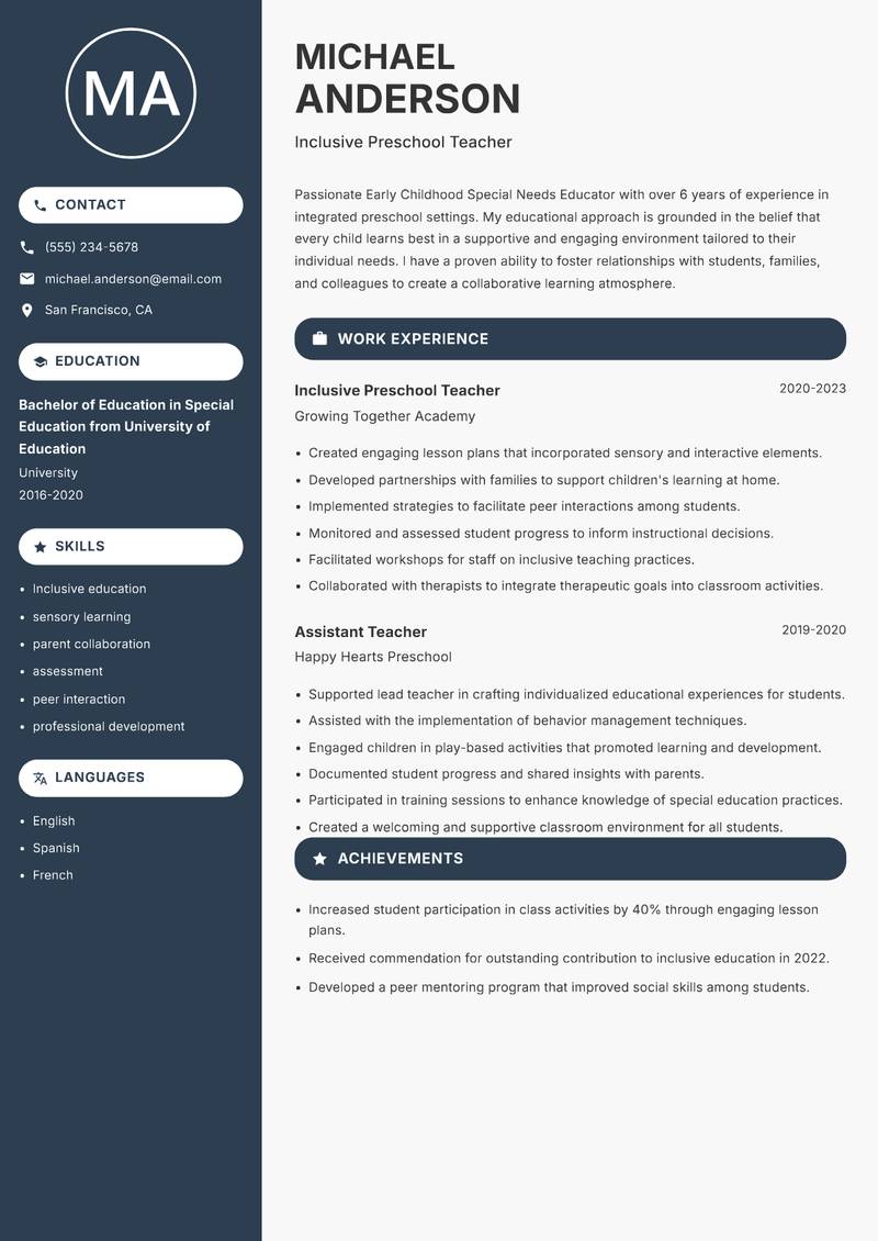 Early Childhood Special Needs Educator Resume Preview Example