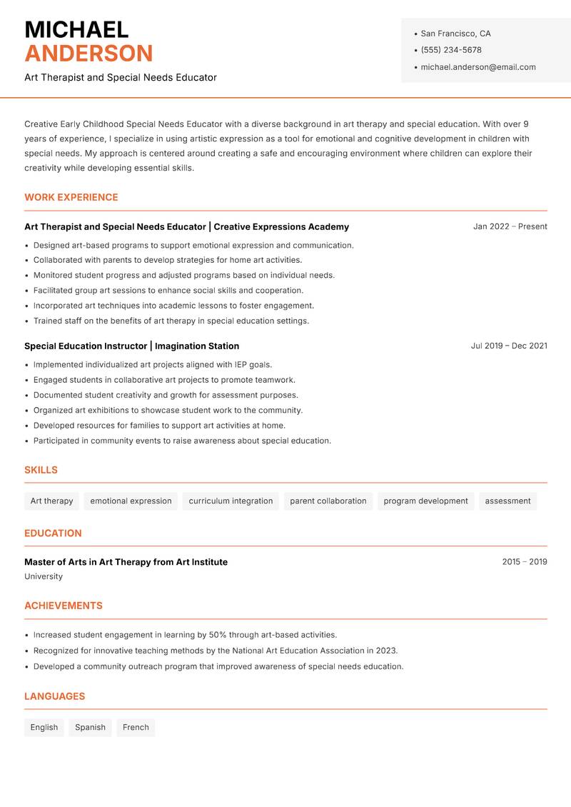 Early Childhood Special Needs Educator Resume Template
